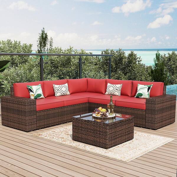 Sizzim 6-Piece Rattan Wicker Steel Patio Outdoor Sectional Set and Coffee Table with Red Cushions and Set Covers