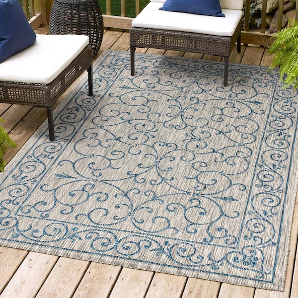 JONATHAN Y Charleston Vintage Filigree Gray/Navy 5 ft. 3 in. x 7 ft. 7 in. Textured Weave Indoor/Outdoor Area Rug