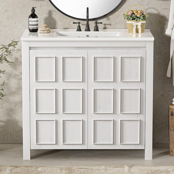 36 in. Single Sink Freestanding White Bath Vanity with White Ceramic Top and Door Storage Cabinet Unassembled