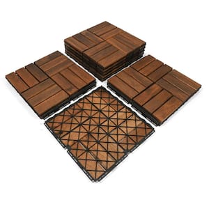 10 PCS Interlocking Deck Tiles Striped Pattern, 12" x 12" Square Light Gray Acacia Hardwood Outdoor Flooring for Patio
