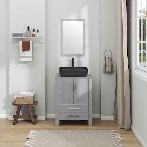 24 in. W x 20 in. D x 32 in. H Single Sink Bath Vanity in Gray with Gray Solid Surface Top and Mirror