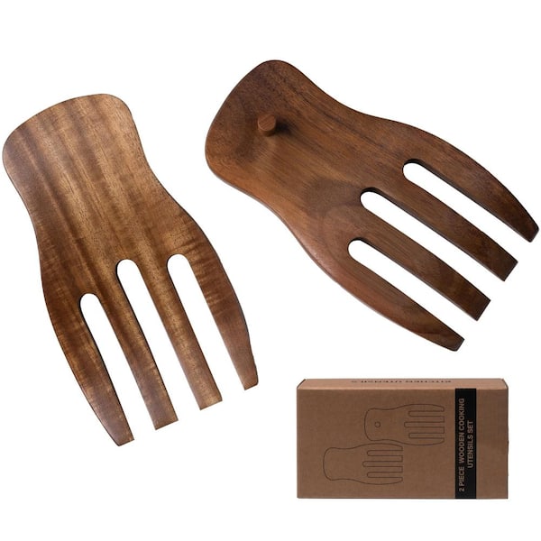 Acacia Wood Salad Serving Hands Set of 2, Wide Ergonomic Handles with Thumb Hook for Tossing and Serving