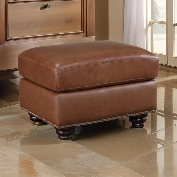 Benjara Camel Brown and Espresso Brown Leather Rectangle Accent Ottoman Medium