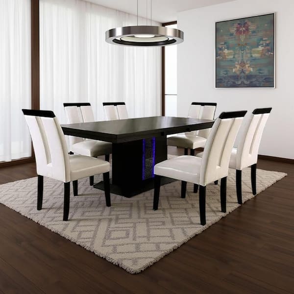 Pyn 7-Piece Rectangle Black and Beige Wood Top 4-Legs Dining Table Set Seats 6