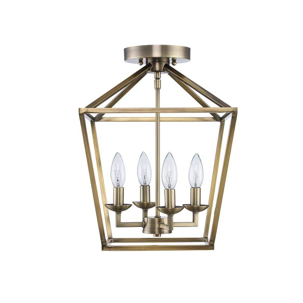 Home Decorators Collection Weyburn 16.5 in. 4-Light Brushed Brass Lantern Semi-Flush Mount, Farmhouse Ceiling Light