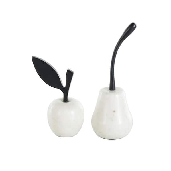 Litton Lane White Marble Abstract Apple and Pear Fruit Sculpture with Black Stems Set of 2