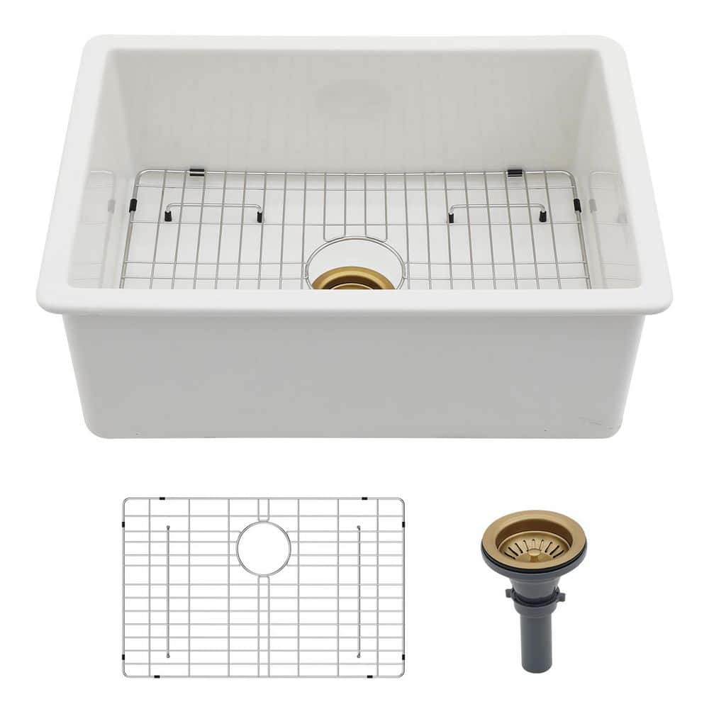 27 in. Undermount Singel Bowl 16 Gauge White Ceramic Kitchen Sink with Gold Basket Strainer price history on PriceWatchPro