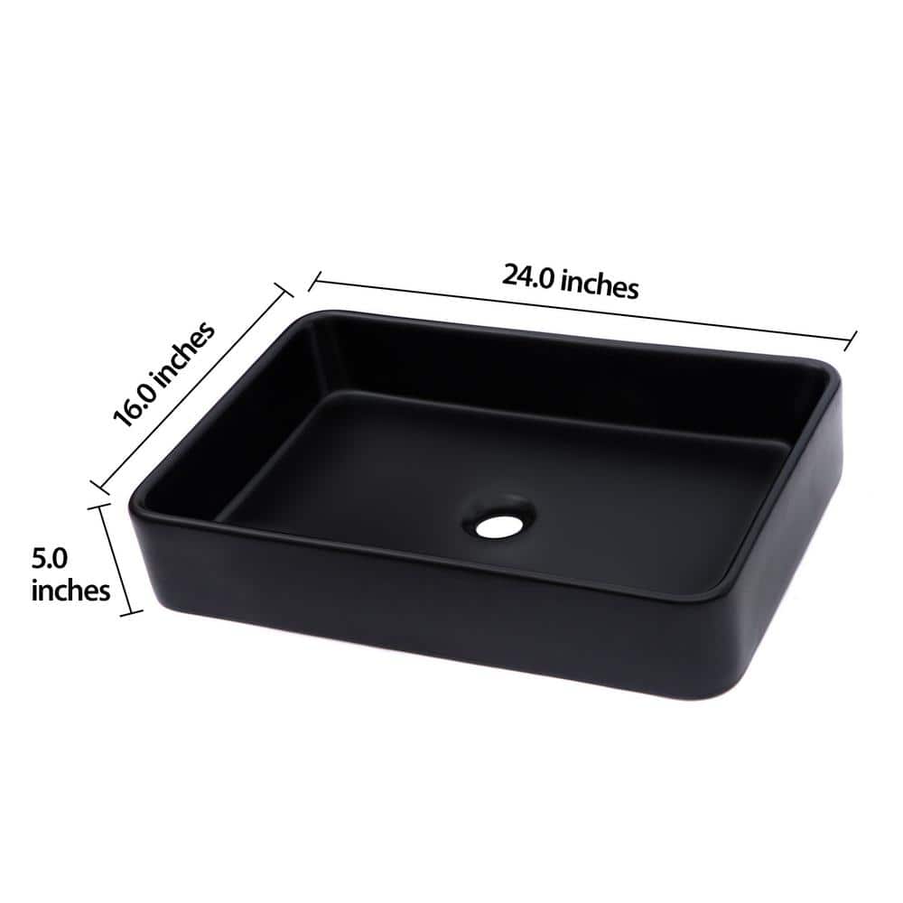 24" Black Ceramic Rectangular Vessel Bathroom Sink
