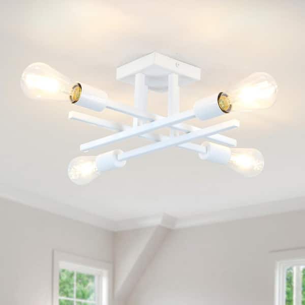 LWYTJO 18.11 in. 4-Light White Dimmable Sputnik Linear Chandelier Semi Flush Mount Chandelier for Living Dining Room Foyer