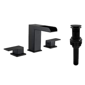 8 in. Widespread Double Handle Bathroom Faucet Waterfall 3 Hole Bathroom Sink Faucet with Pop Up Drain in Mater Black