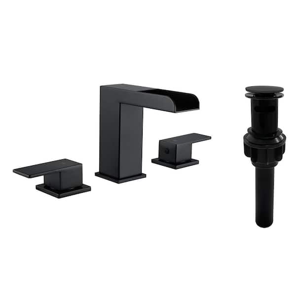 Fapully 8 in. Widespread Double Handle Bathroom Faucet Waterfall 3 Hole Bathroom Sink Faucet with Pop Up Drain in Mater Black