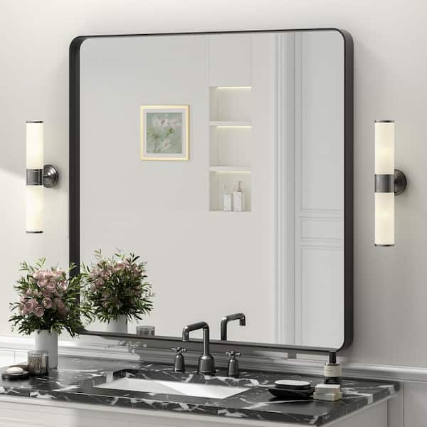 36 in. W x 36 in. H Square Tempered Glass and Aluminum Alloy Framed Wall Bathroom Vanity Mirror in Matte Black