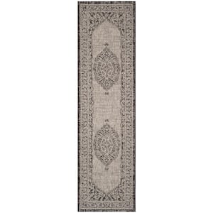 Courtyard Light Gray/Black 2 ft. x 12 ft. Border Indoor/Outdoor Patio  Runner Rug