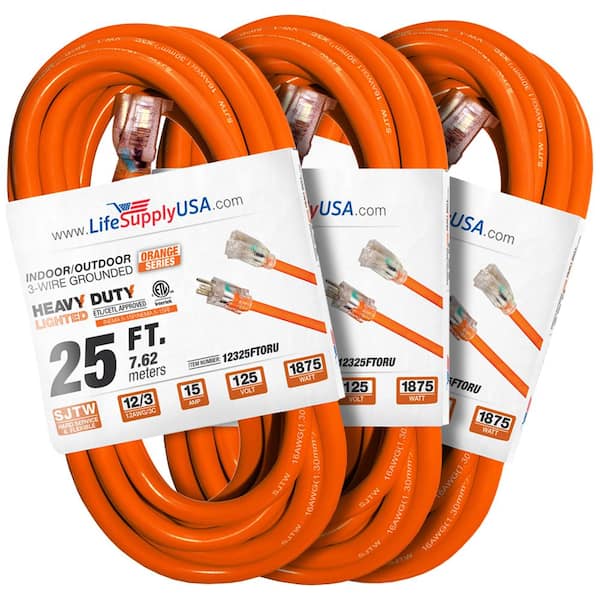LifeSupplyUSA 25 ft. 12-Gauge/3 Conductors SJTW Indoor/Outdoor Extension Cord with Lighted End Orange (3-Pack)