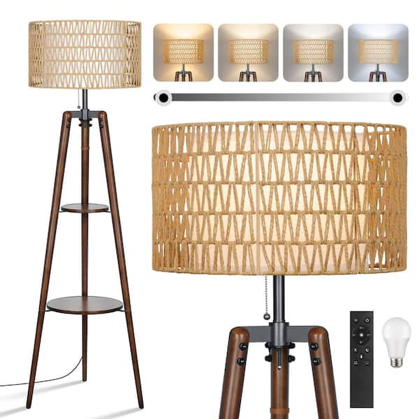 BICIK 61 in. Walnut 1-Light Dimmable Tripod Floor Lamp with Rattan and Fabric Shades