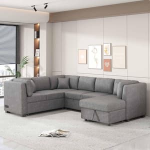108.6 in. Square Arm Chenille Sectional Sofa with 2 USB Ports, 2 Power Sockets, 3 Back Pillows in. Light Gray