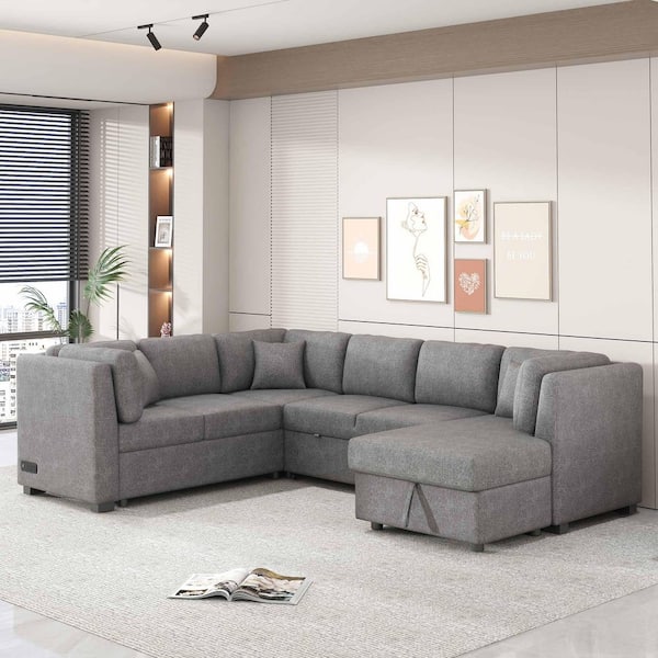 108.6 in. Square Arm Chenille Sectional Sofa with 2 USB Ports, 2 Power Sockets, 3 Back Pillows in. Light Gray