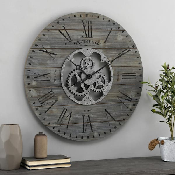 FirsTime & Co. 27 in Gray Shiplap Gears Farmhouse Wall Clock