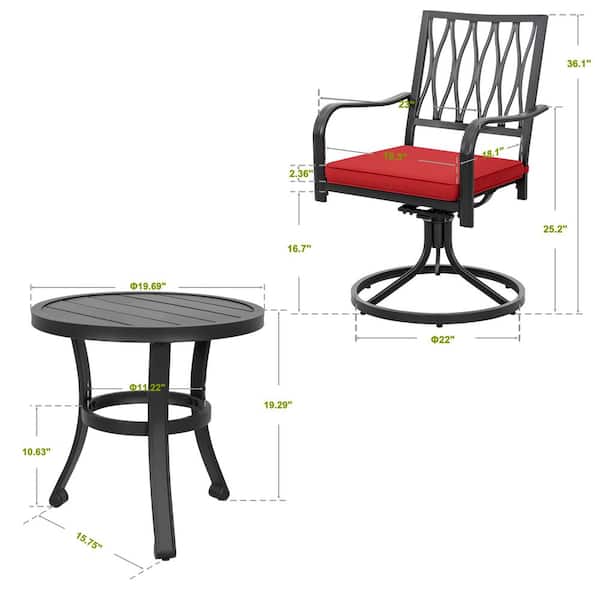 Black 3-Piece Iron Metal Round Outdoor Bistro Set with Red Cushions and Swivel Design