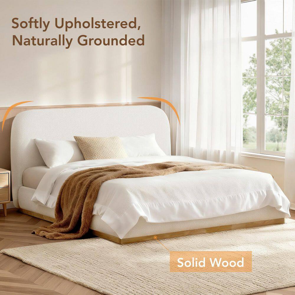 Emery Natural Beige Solid Wood Frame Queen Platform Bed with Boucle Upholstered Headboard - thumbnail 6