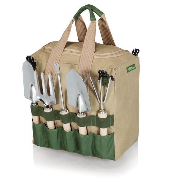 Picnic Time - Olive Green and Tan Gardener Folding Seat with Detachable Polyester Storage Tote