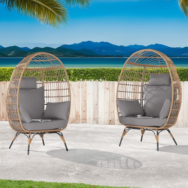 BFB 2 -Pieces Outdoor Oversized Brown Rattan Egg Chair Indoor Outdoor Chair