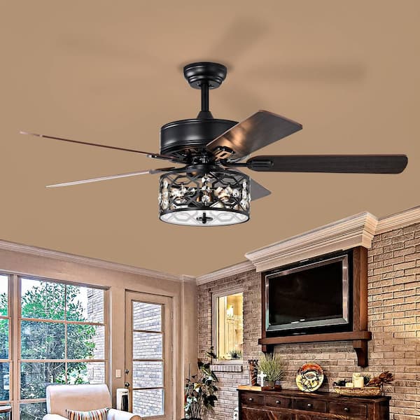 LINJO 52 in. Farmhouse Indoor Matte Black Reversible Blades 3-Speeds Crystal Ceiling Fan with Remote