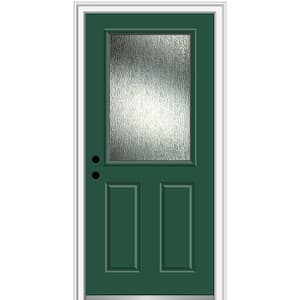 36 in. x 80 in. Right-Hand Inswing Rain Glass Hunter Green Fiberglass Prehung Front Door on 4-9/16 in. Frame