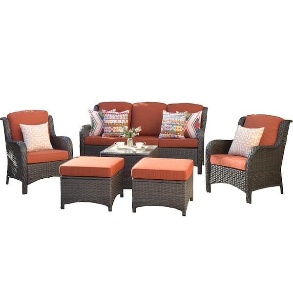 New Kenard Brown 6-Piece Wicker Patio Conversation Set with Orange Red Cushions