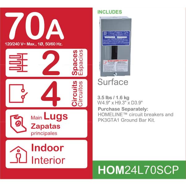 Homeline 70 Amp 2-Space 4-Circuit Indoor Surface Mount Main Lug Load Center with Cover