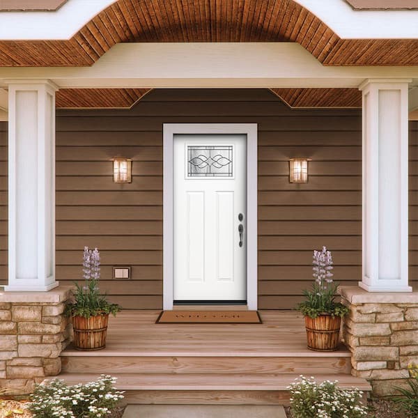 36 in. x 80 in. Left-Hand/Inswing Craftsman Carillon Decorative Glass Modern White Steel Prehung Front Door
