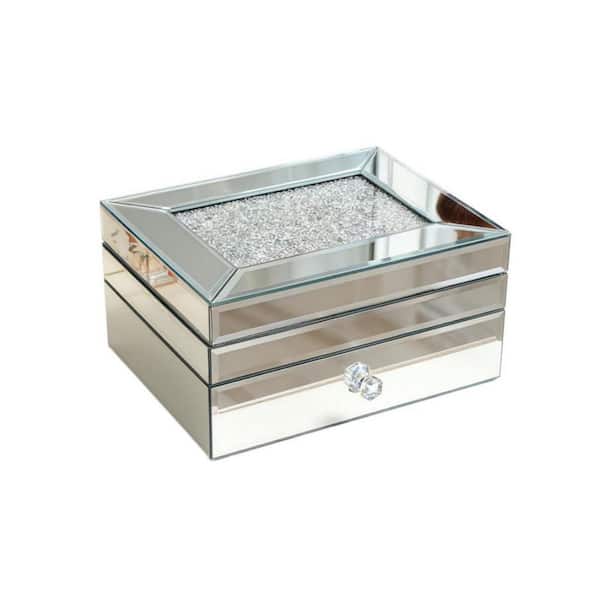 2 Layer Mirror Glass Jewelry Box with Crushed Diamond Decor Clear