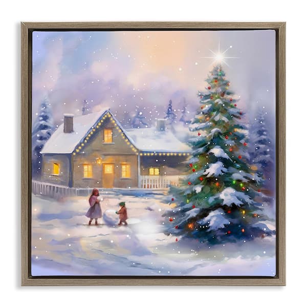 Stupell Industries Children Building Snowman by Enrico McGarrigle 1 Piece Floater Frame Graphic Print Nature Art Print 18 in. x 18 in.