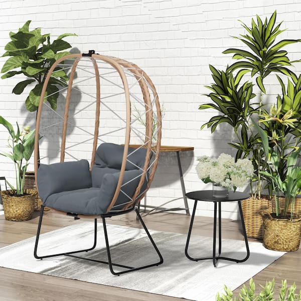 JEAREY Woven Grey Wicker Outdoor Lounge Egg Chair with Coffee Table and Grey Cushion