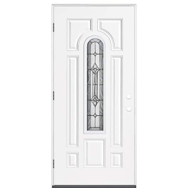 Masonite Providence 36 in. x 80 in. 7 Panel Right-Hand Inswing 1/4 Lite Center Arch Primed White Steel Prehung Front Door