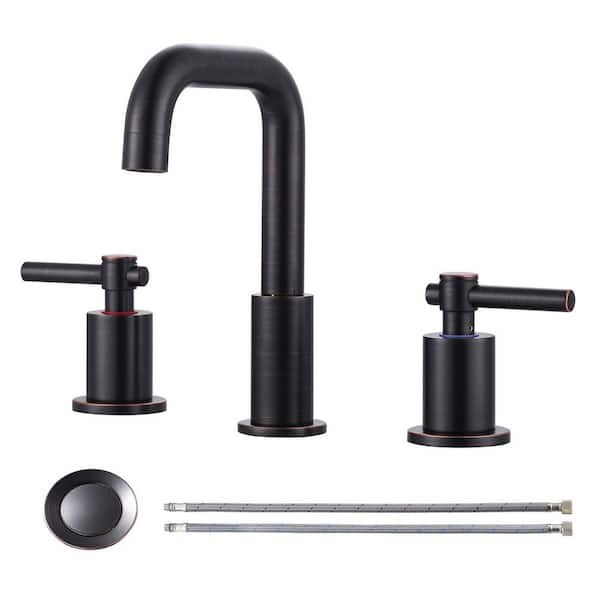 Deck Mount 8 in. Widespread Double Handle High Arc Bathroom Sink Faucet with Pop Up Drain in Oil Rubbed Bronze (1-Pack)