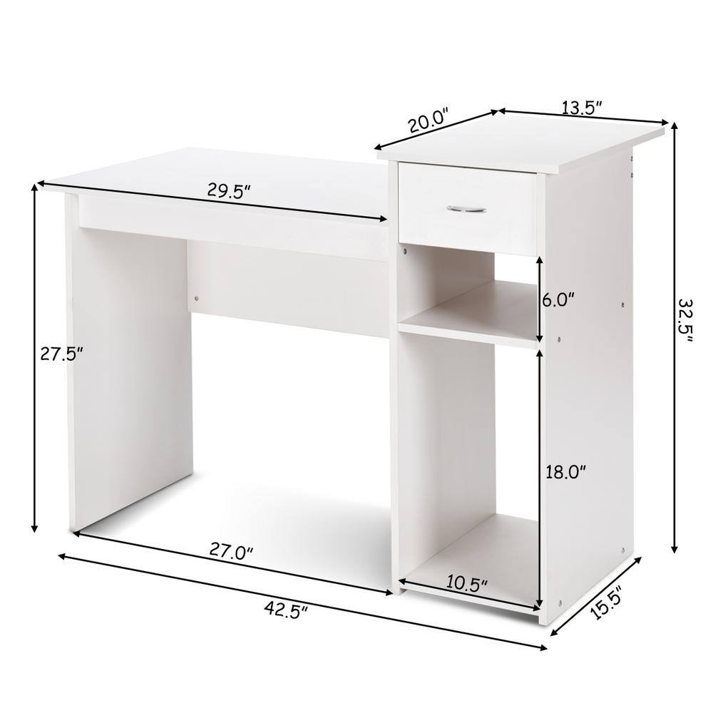 Elegant White Wooden Computer Desk with Drawer and Shelves
