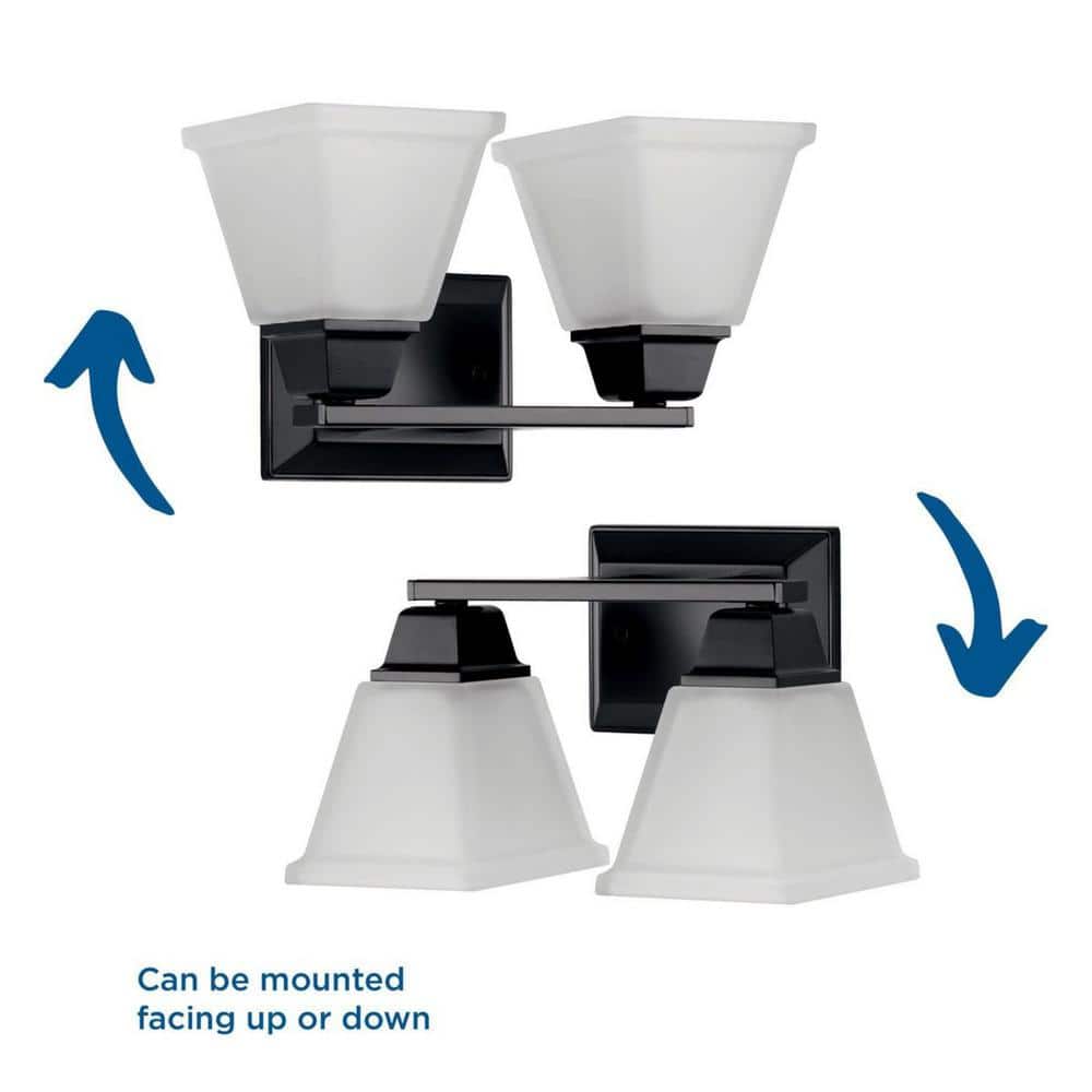 Matte Black 2-Light Bath Vanity Fixture with Etched Glass Shades