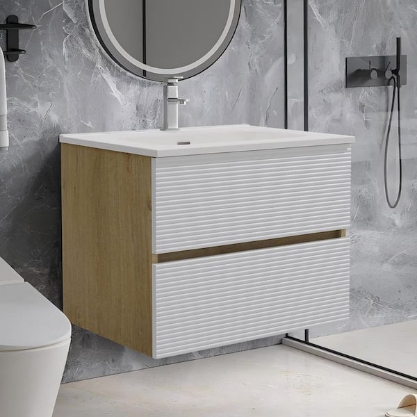 Paterno 23.72 in. W x 17.93 in. D x 18.79 in. H Single Sink Floating Natural Oak Bath Vanity w/ White Ceramic Vanity Top