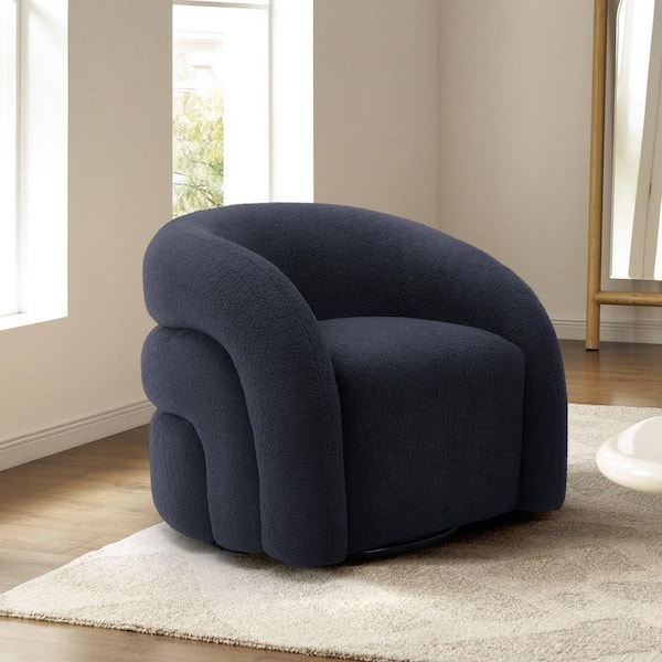 Dark Blue Boucle Polyester Fabric 360° Swivel Accent Barrel Armchair with Metal Base (Set of 1)