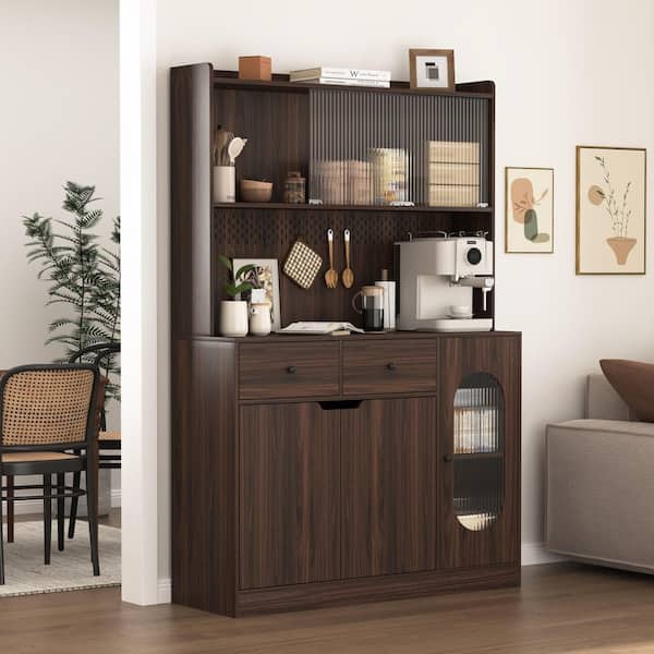Walnut 71 in. H Pantry Storage Cabinet with Glass Doors, Drawers, Charging Station