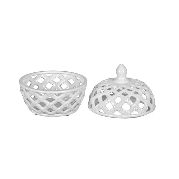White Ceramic DecorativeLidded Jar with Lattice Design (Set of 1