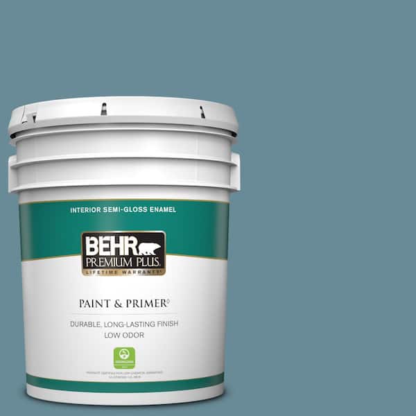 BEHR PREMIUM PLUS 5 gal. #BIC-22 Relaxed Blue Semi-Gloss Enamel Low Odor Interior Paint & Primer