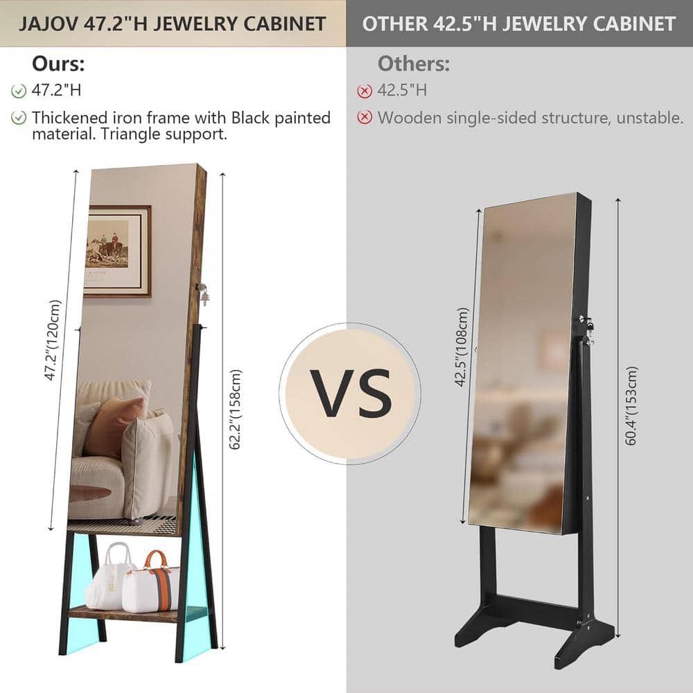 Rustic Brown Light Wood Full-Length Mirror Jewelry Cabinet Armoire