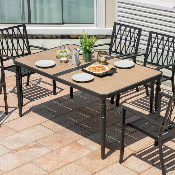Black Rectangle Metal Outdoor Dining Table with Wood-Grain Tabletop, Umbrella Hole