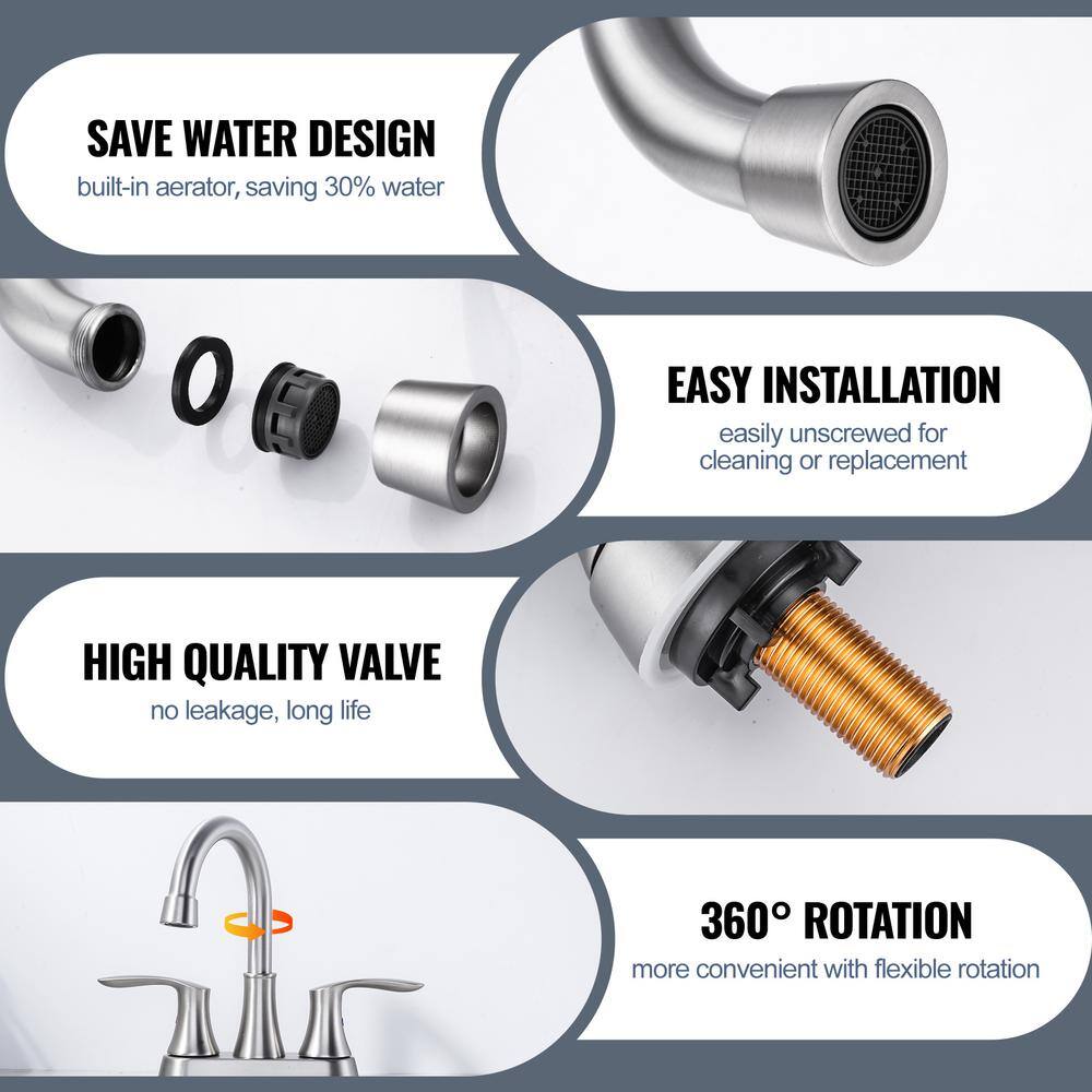 Brushed Nickel 4-Inch Centerset Double Handle High Arc Bathroom Faucet