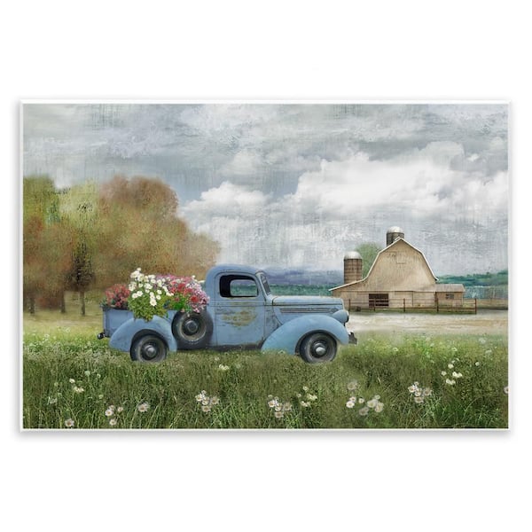 Stupell Industries Vintage Blue Truck in Meadow by Nan 1 Piece Unframed Nature Graphic Art Print 19 in. x 13 in.