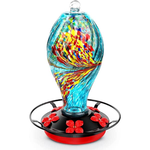 EVEAGE 30 oz. Leakproof Humming Bird Feeder, Hand Blown Glass Hummingbird Feeder With Rustproof Base and Ant Moat