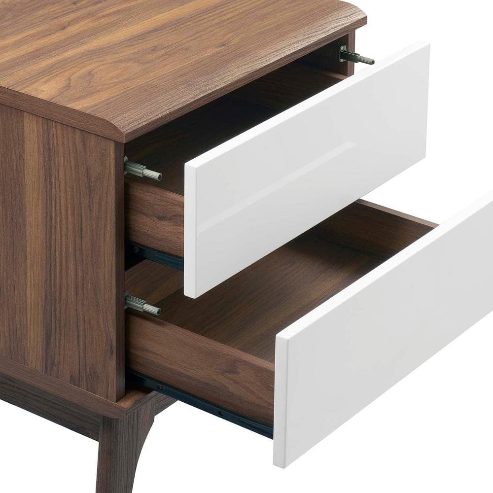 Walnut and White 2-Drawer Nightstand with Tapered Legs