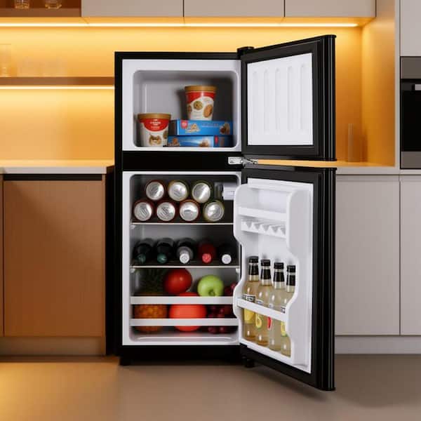 3.5 Cu. Ft Mini Refrigerator in Black with Top-Freezer Fridges Lock, 2 Door, 7 Adjustable Level Thermostat, Fresh Energy